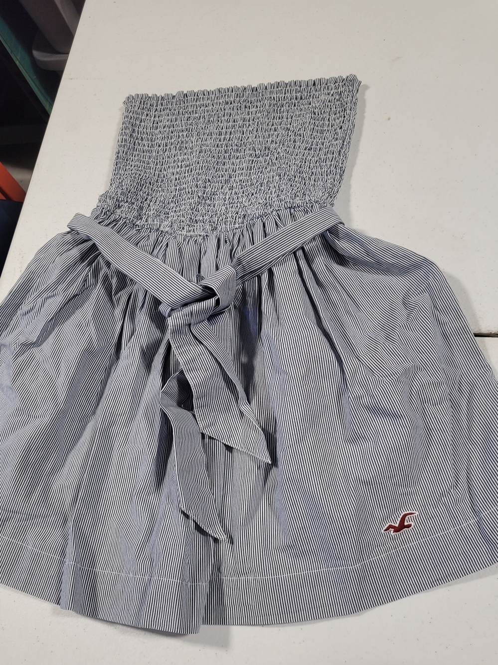Hollister Blue & White Pinstripe Strapless Tie-Waist Mini Dress